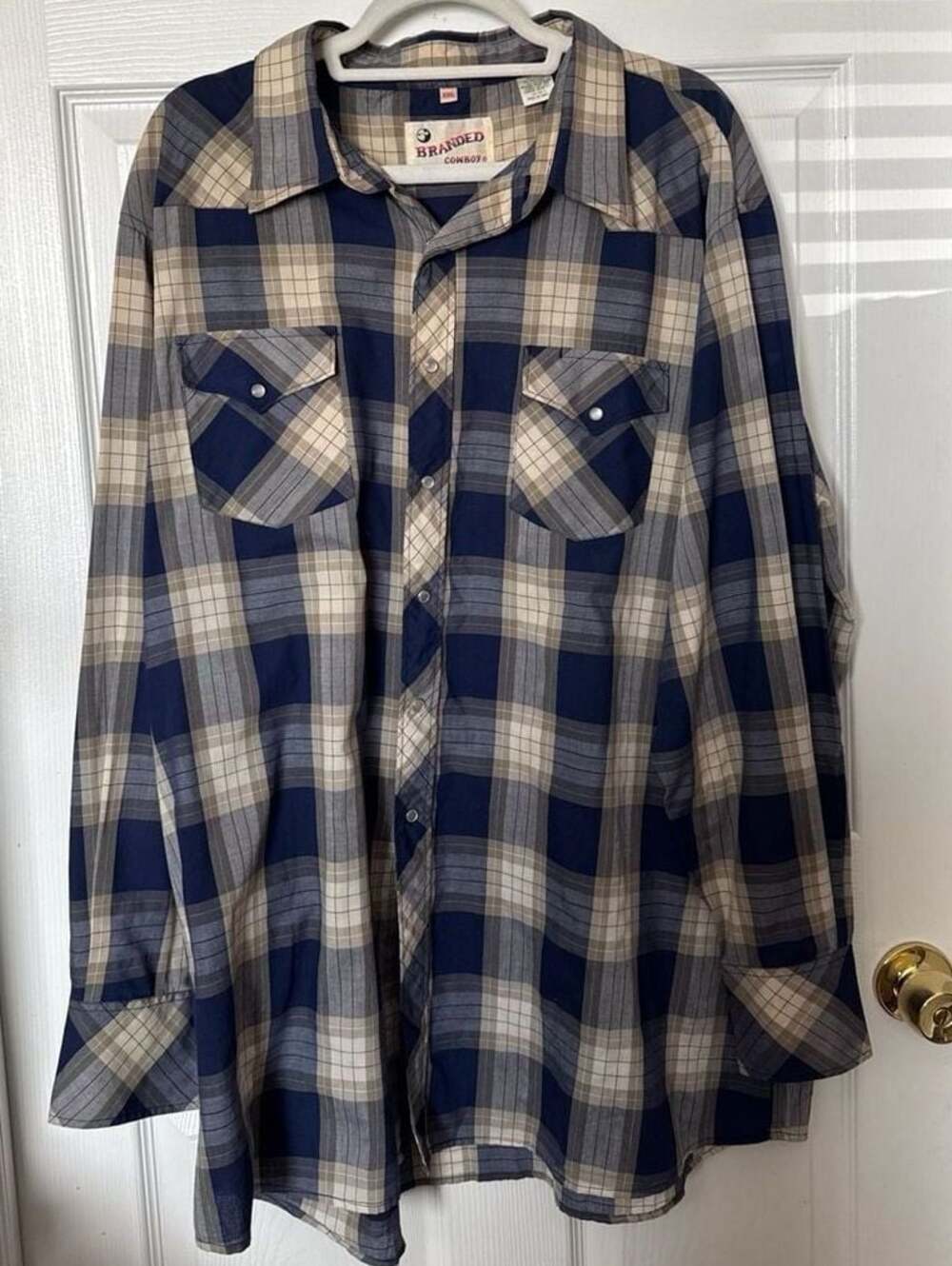 Vintage Branded Cowboy Blue and Tan Plaid Pearl Snap Western Shirt XXL